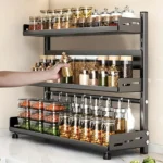 Standing Spice Rack, Spice Rack, Black, 3 Levels, Kitchen Shelf, Stainless Steel, Large Capacity for Kitchens Worktop Storage