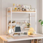 Bookshelf Bookcase With Grid Desktop Multi-layer Wrought Iron Shelf Student Computer Desk Table Hole Board Table Wooden Shelves - Image 2