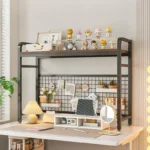 Bookshelf Bookcase With Grid Desktop Multi-layer Wrought Iron Shelf Student Computer Desk Table Hole Board Table Wooden Shelves - Image 3